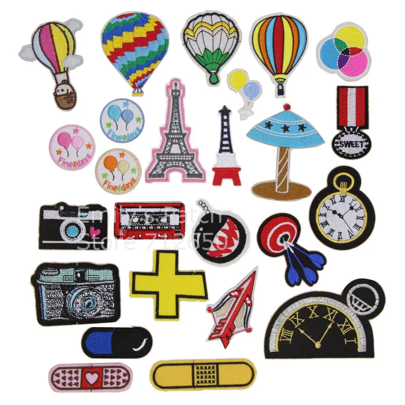

new arrival 10 pcs balloon clock tower capsule Camera Embroidered patches iron on cartoon Motif Applique embroidery accessory
