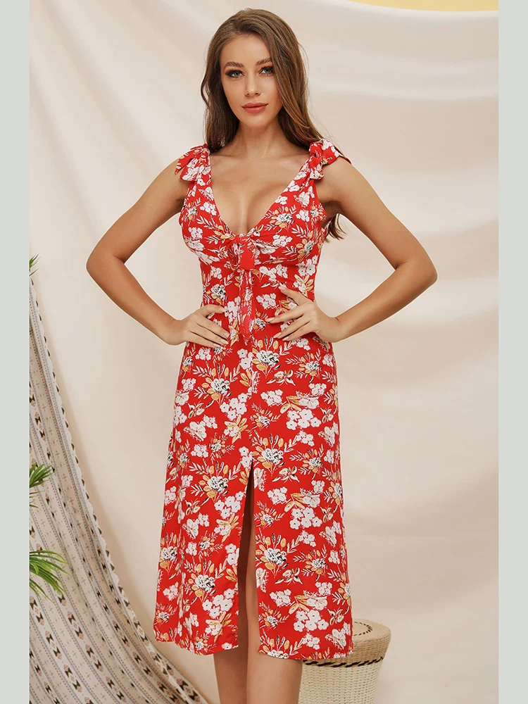 

new beach style red floral printing dresses girl spaghetti strap v neck collar split dress women bowknot knee dresses lady 81915