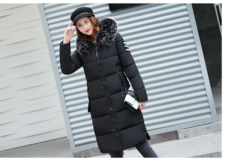 Облегающие длинные куртки, пальто для женщин с меховым капюшоном, толстые зимние женские парки из хлопка, черная теплая Женская куртка с капюшоном, верхняя одежда MLD1272