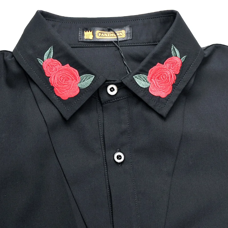 Fashion Casual Men Korean Long Sleeved Shirt Black Embroidery Flower 2033 FanZhuan