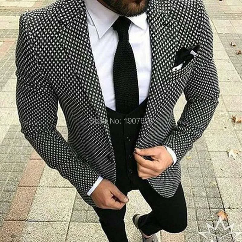 Grid Cloth Men Suits 2018 Wedding Groom Tuxedos Slim Fit Three Piece Jacket Pants Vest Notched Lapel Man Clothing Blazer