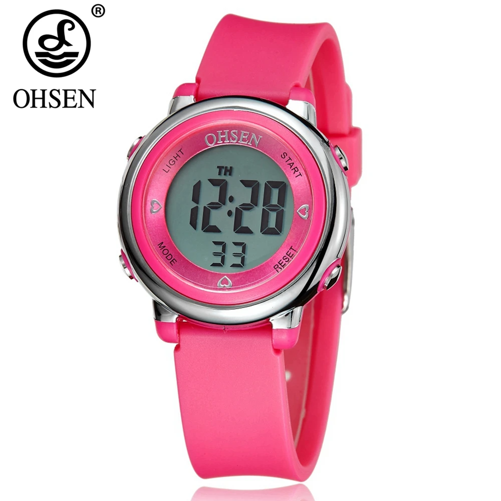 OHSEN модные розовые цифровые спортивные женские наручные часы женские часы 7 цветной каучук ремешок 50 м водонепроницаемый светодиодный Будильник женские часы
