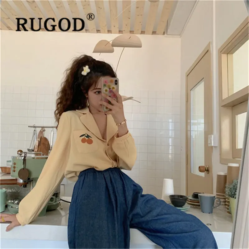 RUGOD Новое поступление нагрудные печати женские топы и блузки с карманами с принтом, повседнедневые, свободные camisas mujer