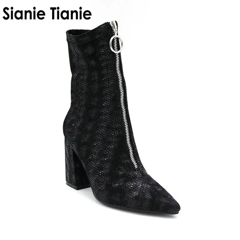 

2018 Snake Print Pattern Sexy Square heel Sock Booties Stretch Fabric Pointed Toe High Heels Ankle Boots Women Pumps Botas Mujer