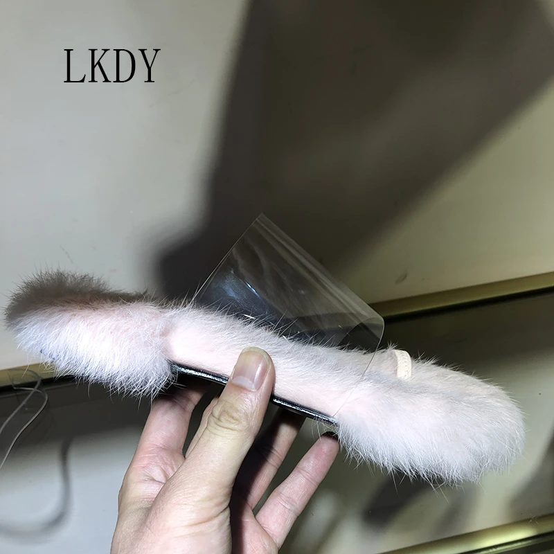 

2019 LKDY new Woman real wool stitching PVC transparent slippers fashion indoor warm flat sandals