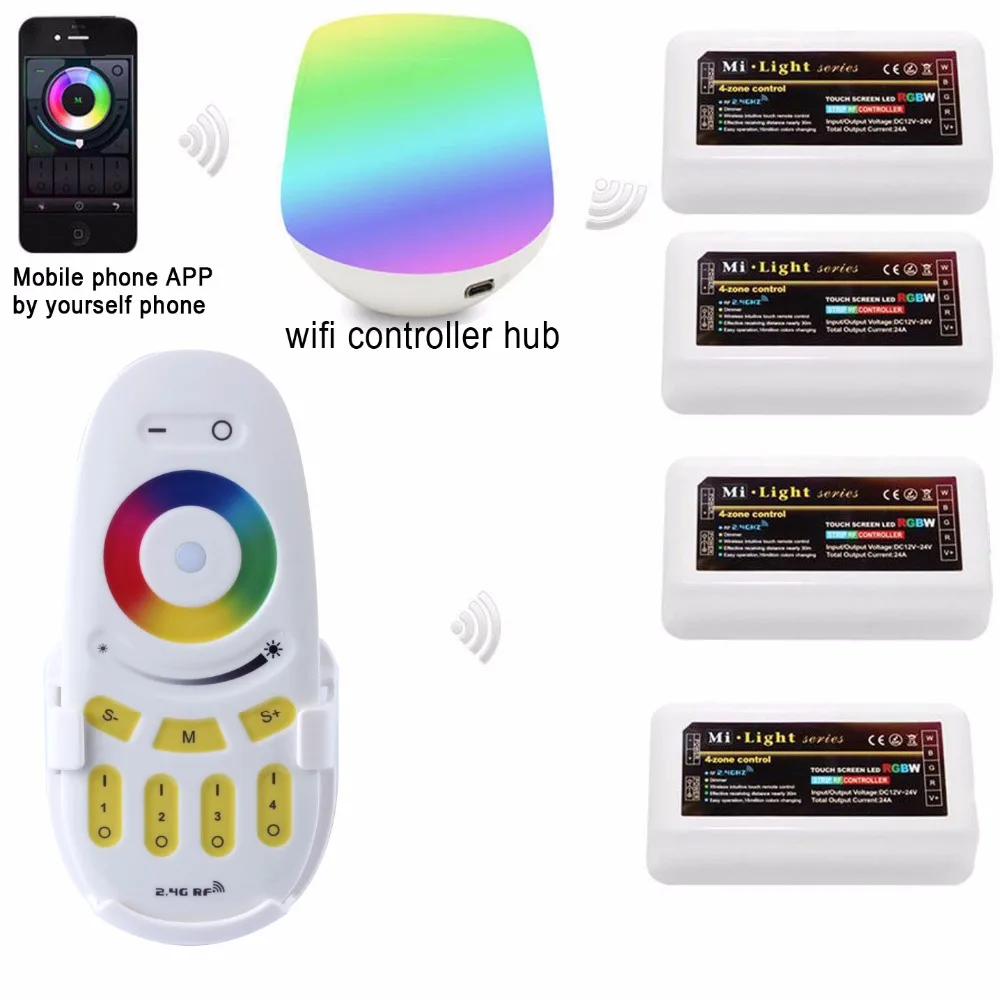 

WiFi mi light led controller hub+ RF touch remote+4pcs 2.4G 4 Zone Controller for RGB/RGBW led strip 12V-24V