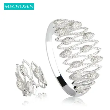 

MECHOSEN Shiny Zirconia Hollow Big Bangle Ring Women Hand Accessories Silver Color hinestone Bracelet Bileklik RingJewelry Set