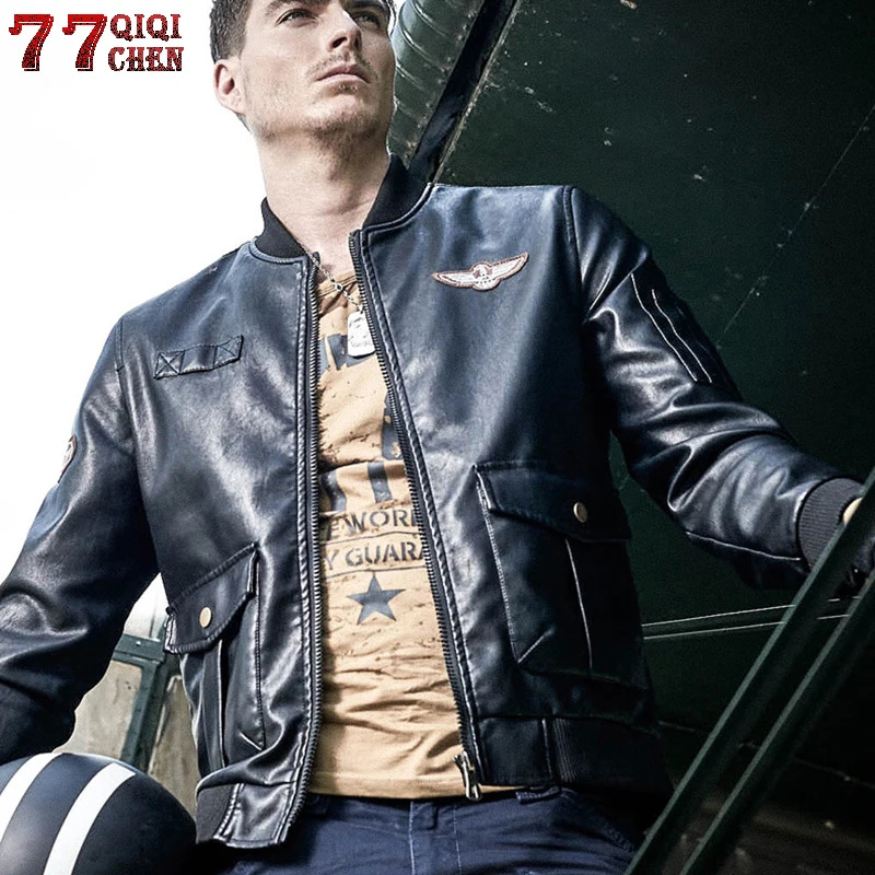

QIQICHEN 2018 Men Leather Jackets Pilot Military Winter Pu Leather Jacket Embroidery Motorcycle Coat Jaqueta De Couro Masculina