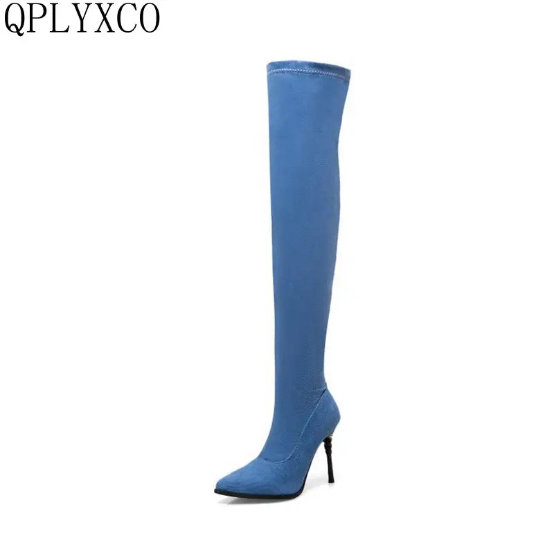 

QPLYXCO Stretch Denim Women Thigh High Boots Stilettos Over the Knee Boots Pointy Toe High Heel Long Boots shoes woman T613