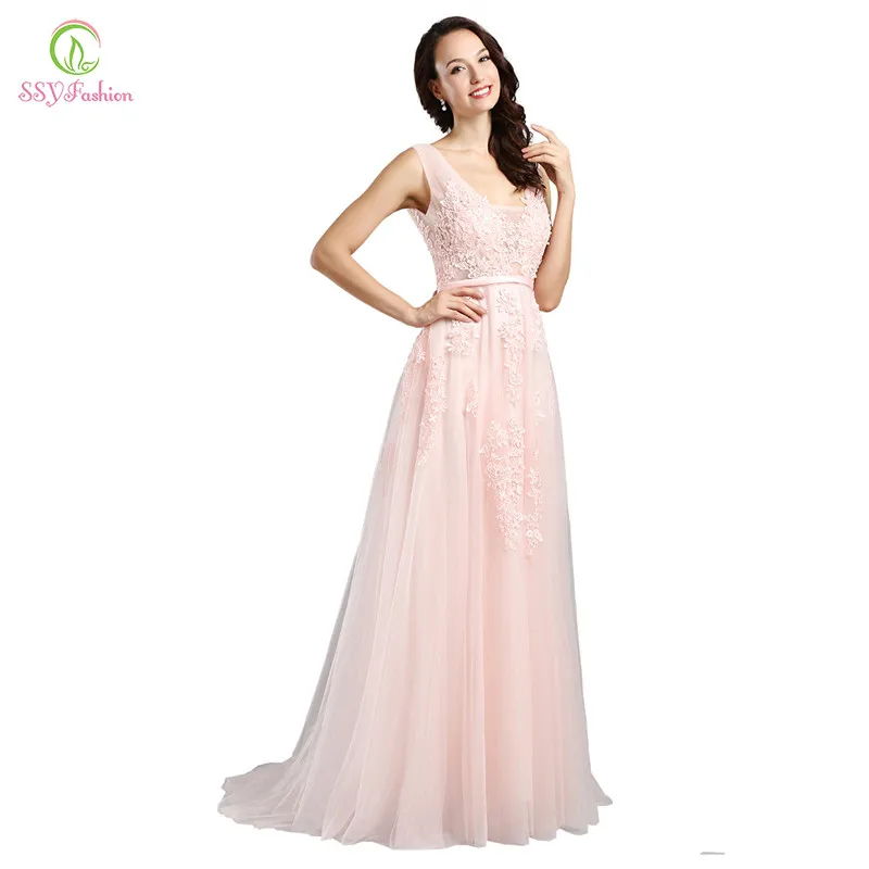 SSYFashion Hot Sell Sweet Light Blue Lace V-neck Lacing Long Evening Dress The Bride Party Sexy Backless Prom Dresses Custom dinner gown