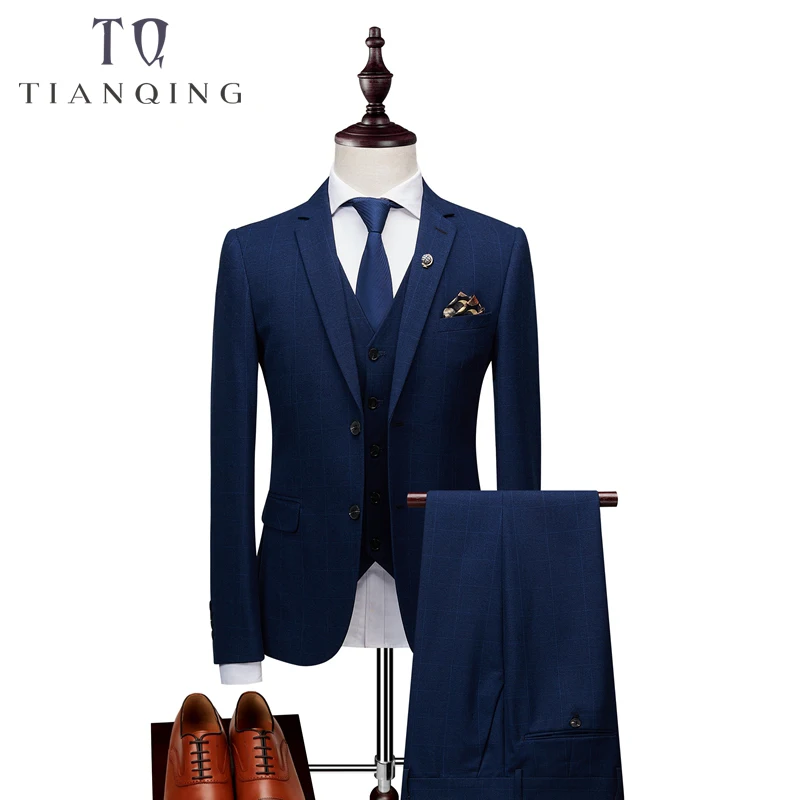 Брендовый мужской костюм из 3 предметов, пиджак, брюки, жилет/, мужские деловые облегающие костюмы, наборы, свадебное платье, клетчатый мужской костюм, официальная одежда QT160 - Цвет: Синий