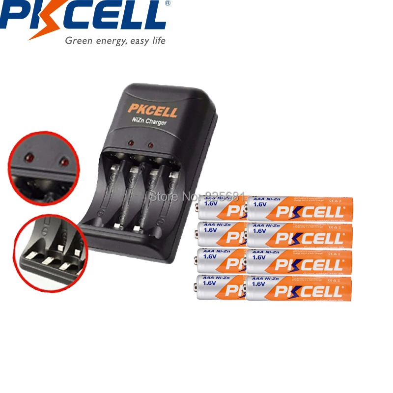 

8Pcs Lot PKCELL NIZN AAA 900mWh Rechargeable Battery 1.6v And Battery Charger 8186 1Pack US or EU Plug For nizn aa aaa Batteria