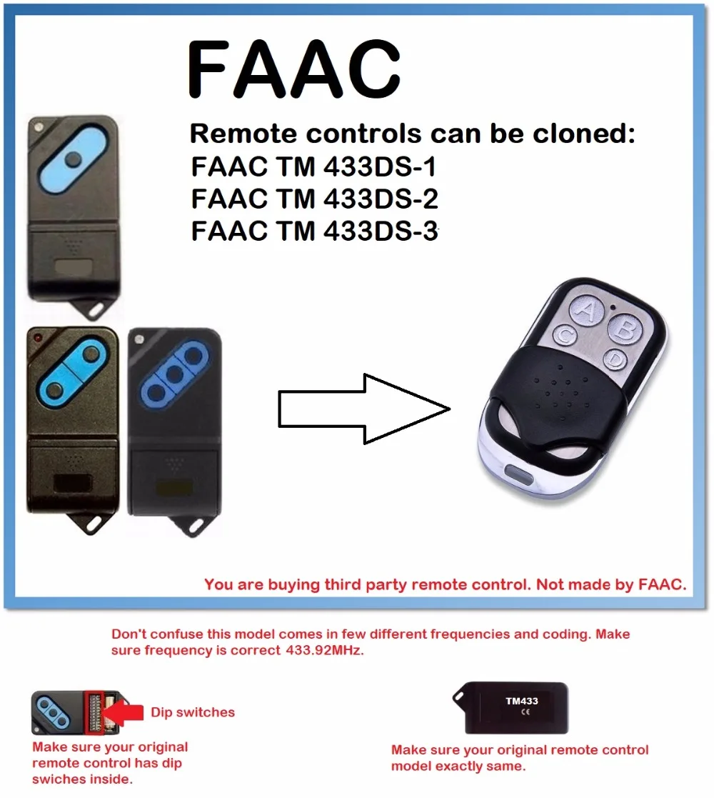 FAAC TM 433DS-1, 2, 3 Universal Remote Control Duplicator 4-Channel 433.92MHz.