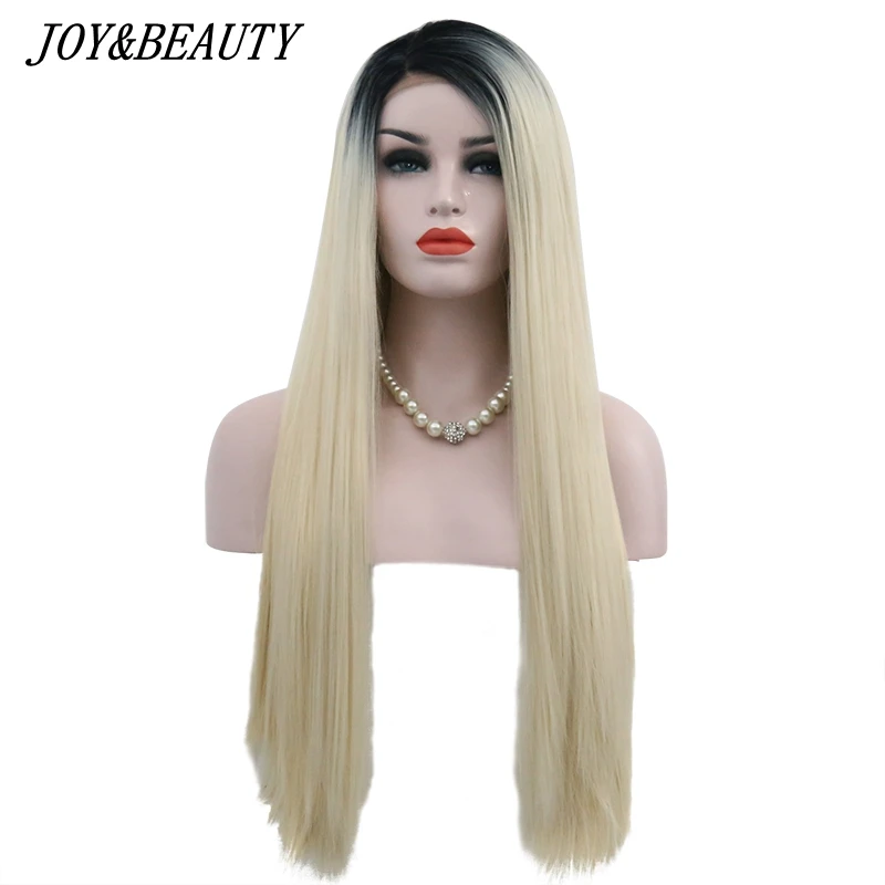 JOY& BEAUTY, 28 дюймов, ручная вязка, темные корни, блонд, Омбре, высокая температура, волоконные волосы, прямые, без клея, синтетические волосы, Фрон, парик