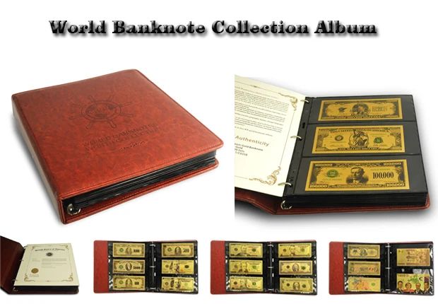 

Money Banknote album 150pcs World Colored Gold Banknote in a Set PU Leather banknote holders as banknote collection