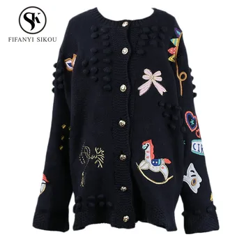 

2019 Spring Women Cardigan Knitting Sweater Coat Fashion Cartoon Embroidery Single Breasted Long sleeve Tops Thick warm Sweaters