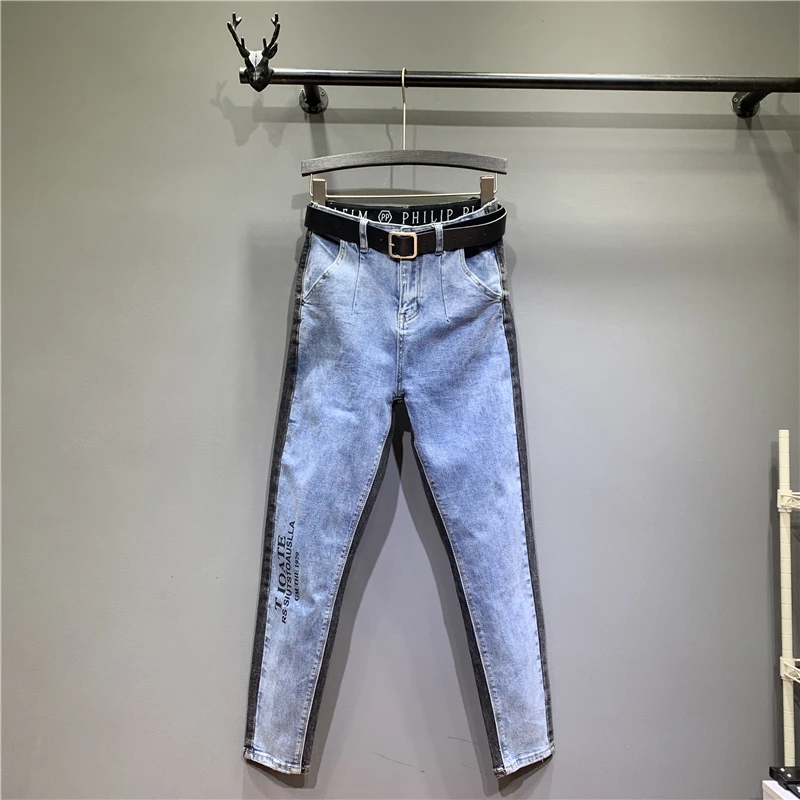 

2019 Full Length Straight High Waist Blue Jeans Woman Streetwear Softener Vintage Washed Letter Printed Loose Button Fly Pockets