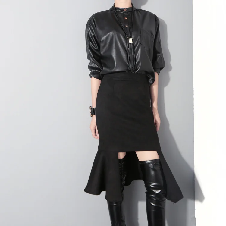 

Almoda 2015 European and American PU Black Jacket Women Stylish Pocket Three Quarter Sleeve Fall Short Jacket Shirt Cardigans