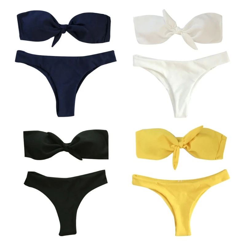 

Strapless Bikini Push Up Padded Swimsuits Knot Front Low Waist Biquini Swimwear Women Solid Bikini Set Beachwear Swimming