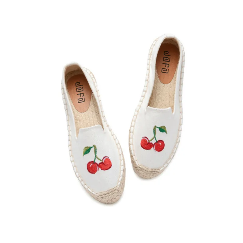 

women flats with embroidery cherry fisherman shoes hemp sole slip on loafers lady casual shoes ethnic style solid color 5-10
