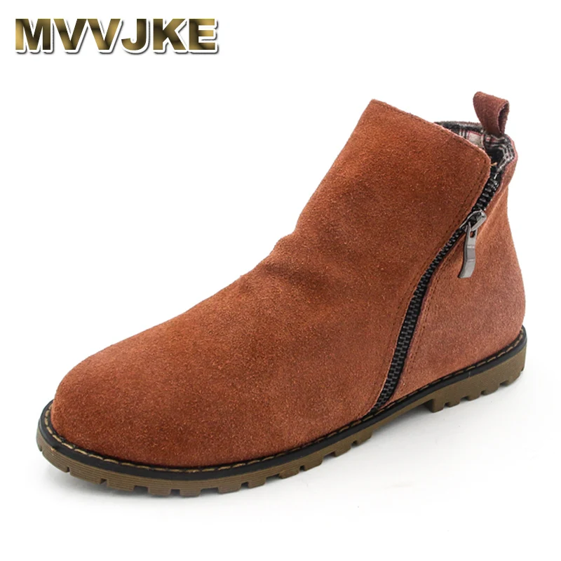 

MVVJKE 3 Colors Brand New Genuine Leather Women's ankle Boot Cow Suede short boots zipper motorcycle flat Shoes Plus size 35-43