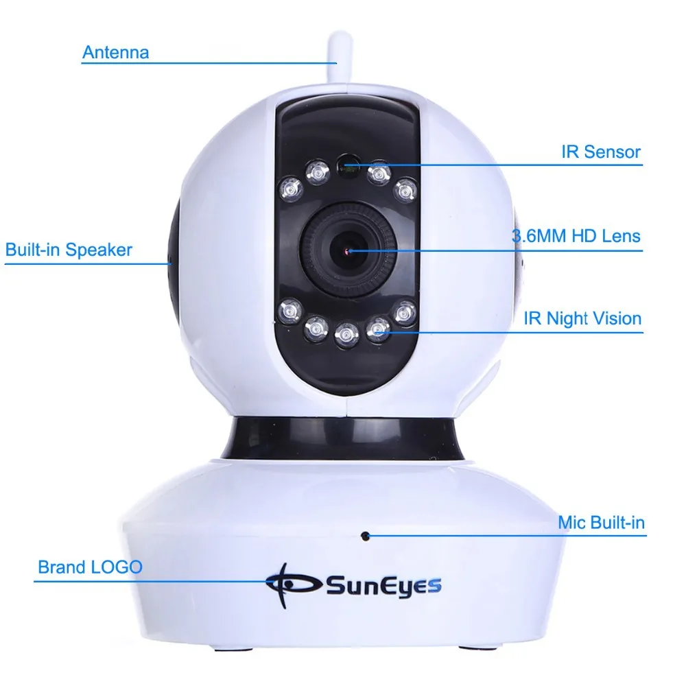 SunEyes SP-TM07WP 720P HD P2P IP Camera Wireless Pan/Tilt with ONVIF Two Way Audio Support Micro SD IR CUT Built-in wireless network ip security camera 720p hd ip camera p2p ir cut night vision pan tilt two way audio support 64gb micro sd
