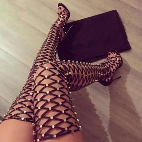 

2017 Summer Hot Metal Stud Cover Women Thigh Gladiator Boots Peep Toe Ladies Cut Outs Fashion Long Boots Sexy High Heel Boots