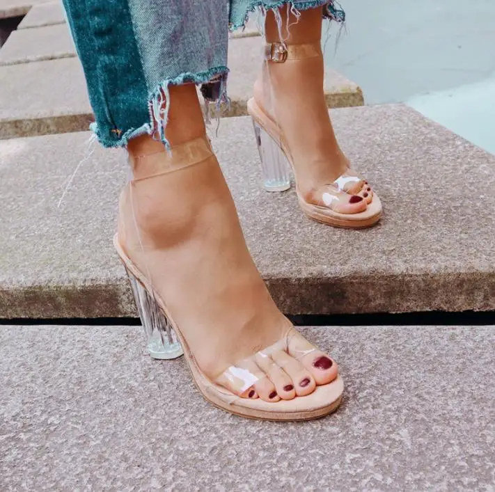

Waterproof platform transparent high heels 2018 summer sexy thin word with crystal thick heels