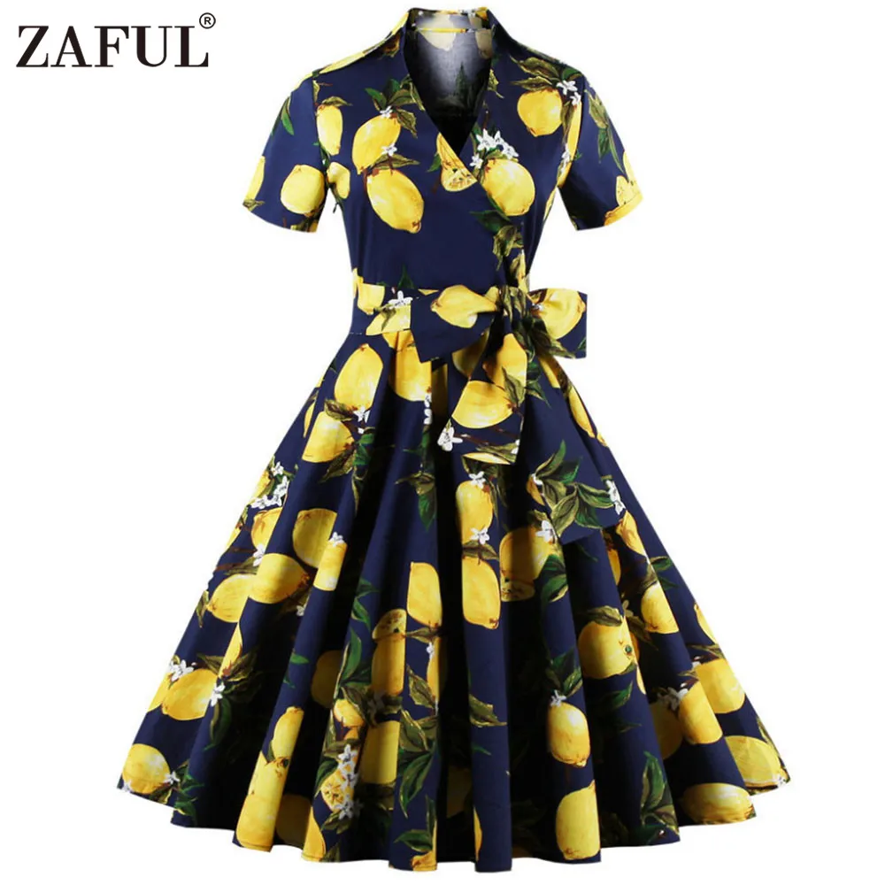 Zaful plus größe sommer frauen vintage kleid zitrone druck mit gürtel 50 s robe rockabilly retro