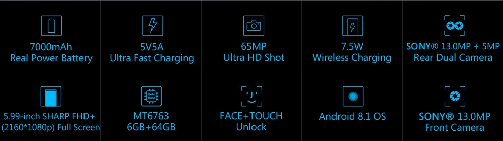 LEAGOO POWER 5 6 ГБ 64 Гб мобильный телефон Android 8,1 5,9" MT6763V Octa Core FHD+ безрамочный экран 7000 мА/ч, 13MP Камера беспроводной зарядки смартфона