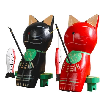 

2pcs/set Creative Wooden Couple Cat Ornaments Desktop Crafts Furnishing Articles Home Decor Cat Fishing Miniatures For Friends