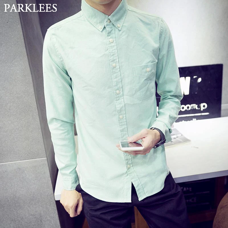 Harajuku Solid Shirt Men Casual Oxford Cotton Long Sleeve Male Green
