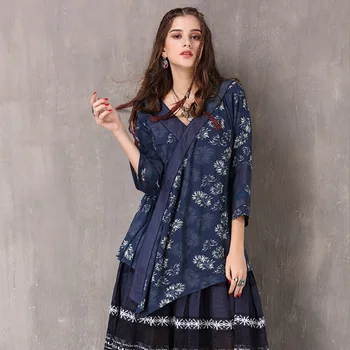 

Women's Blouse 2018 Boho New Cotton Polyester Blusas V-Neck Floral Print Drawstring Asymmetrical Women's Shirt B9236