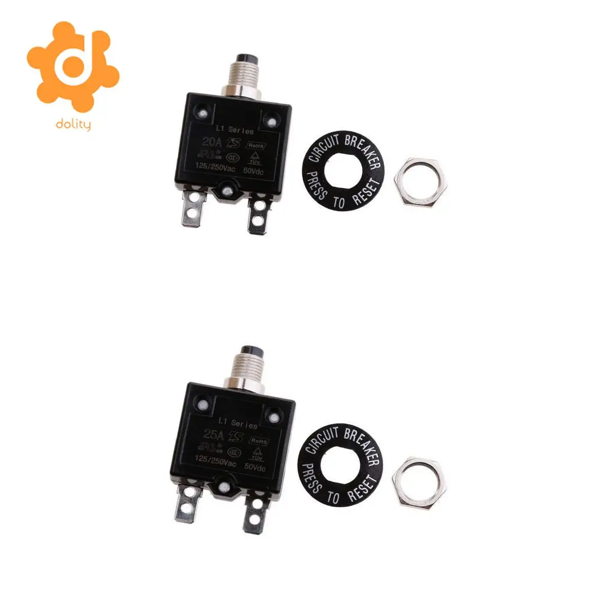 dolity 2x Thermal Overload Circuit Breaker 125VAC 250VAC 50VDC Push