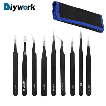 

DIYWORK 9 Piece/Set ESD Tweezers Set Anti Static for Electronics Phone Repairing BGA Work Precision Repair Tools Kit