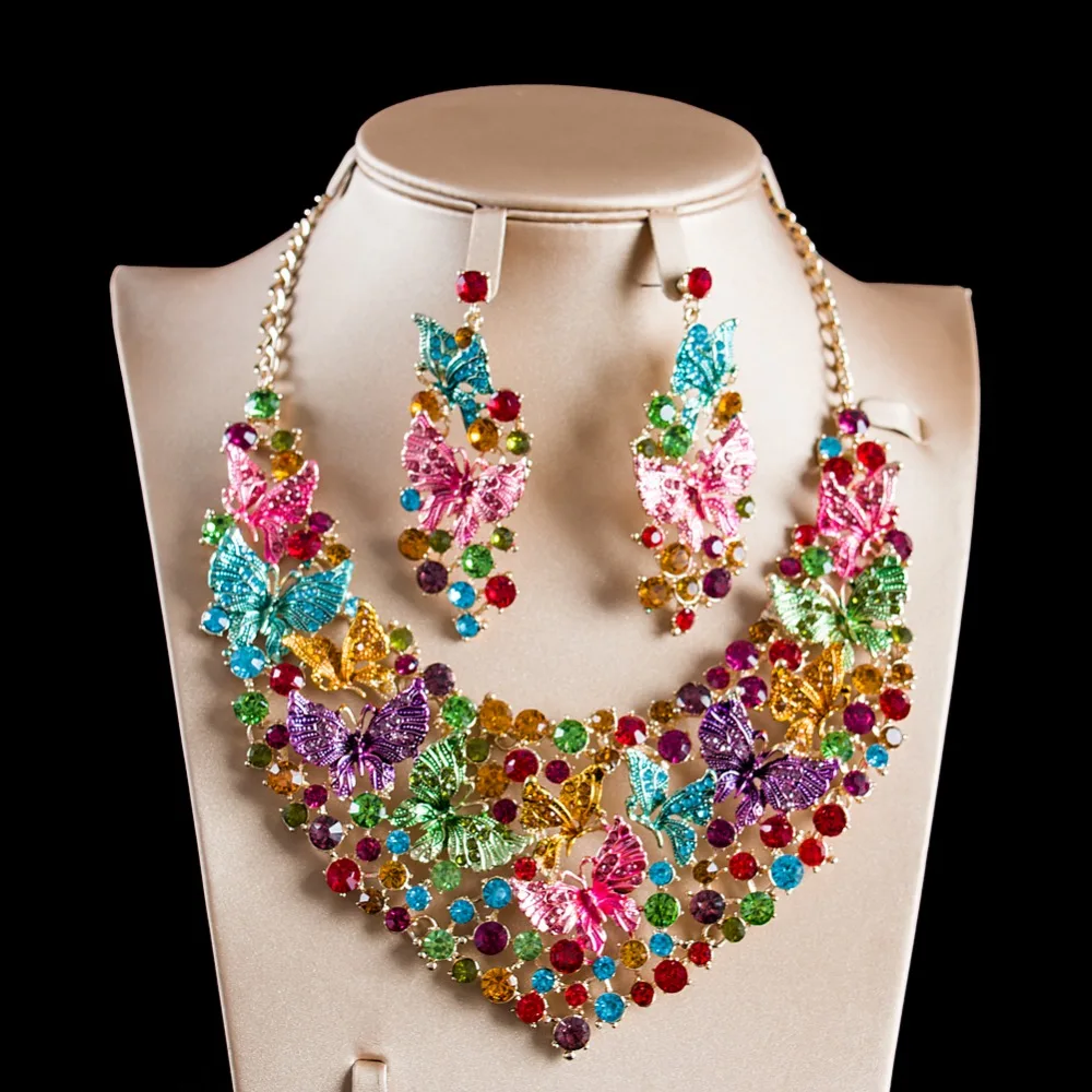 

LAN PALACE colorful butterfly jewelry set gold color glass necklace and earrings for wedding free shipping