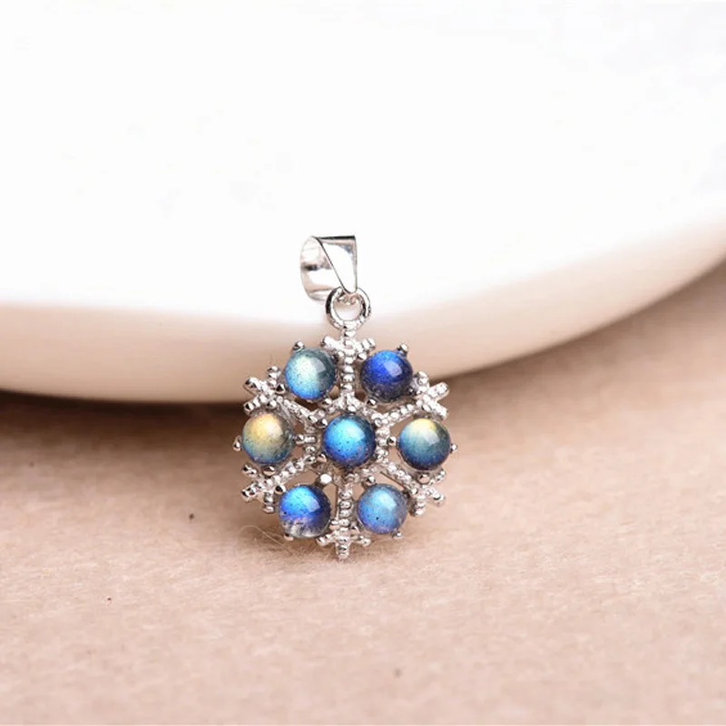 

New pure s925 Silver Snow Flower moonstone Pendant Necklaces For Women blue labradorite stone bead charm Collar Colar Jewelry
