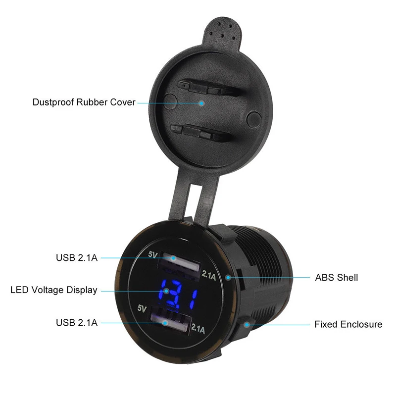 1PC 5V 2.1A Dual USB Port Charger Socket with LED Voltmeter Indictator Digital Display for Car Motorcycle For Phone Pad Tablet