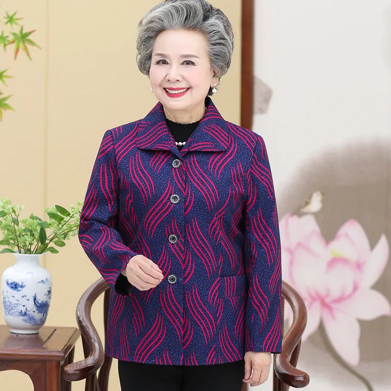 Elderly Women Coat Jacket Short Printed Long Sleeve Windbreaker Spring Autumn Lapel Single-breasted Fashion Jackets Outerwear | Женская