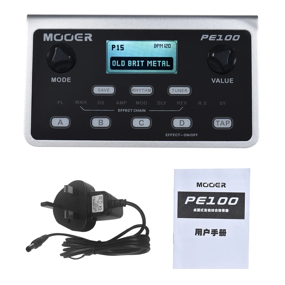 

MOOER PE100 Multi-effects Processor Guitar Effect Pedal 39 Effects 40 Drum Patterns 10 Metronomes Tap Tempo with LCD display