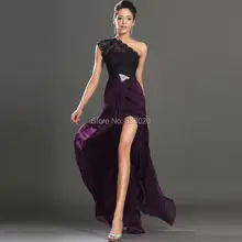 Schulter Flügelärmeln Black Lace Lange Lila Chiffon Abendkleid Höhe Aufgeschlitzte Abschlussball-partei-kleid abendkleider