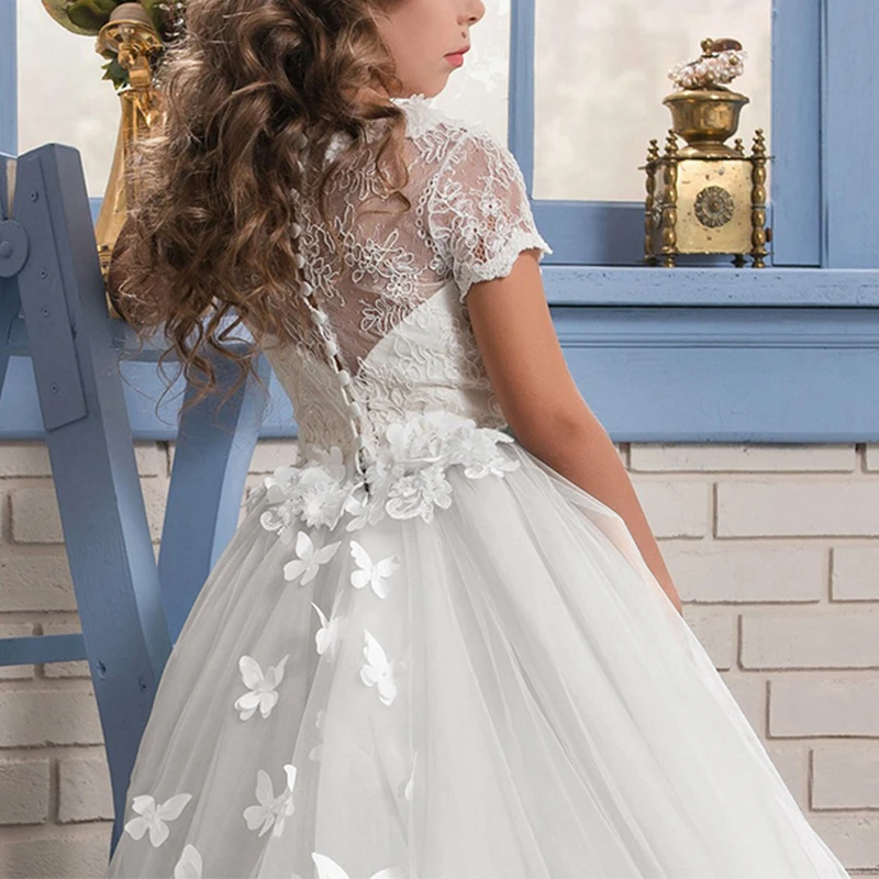 Элегантное платье для девочек; длинное платье принцессы из тюля с короткими рукавами и шлейфом для фотосессии; детское платье подружки невесты на свадьбу