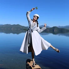 MX149 Новое поступление Зима светло-серый пояс жемчуг бисером x длинный большой низ винтажный элегантный шерстяной пальто для женщин