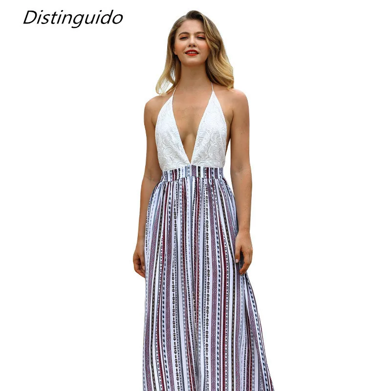 Women Maxi Dresses Summer Split Backless Striped Dress Sexy Lace Up V