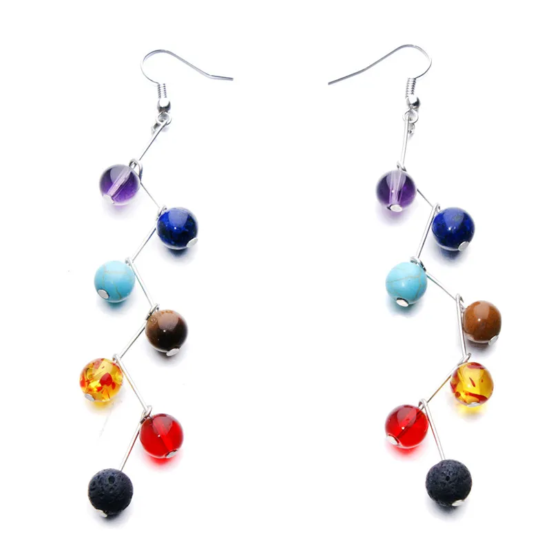 

Natural Stone Women Yoga Rainbow 7 Chakra Earrings For Women 6mm Tiger Stone Green Healing Stone Drop Earrings