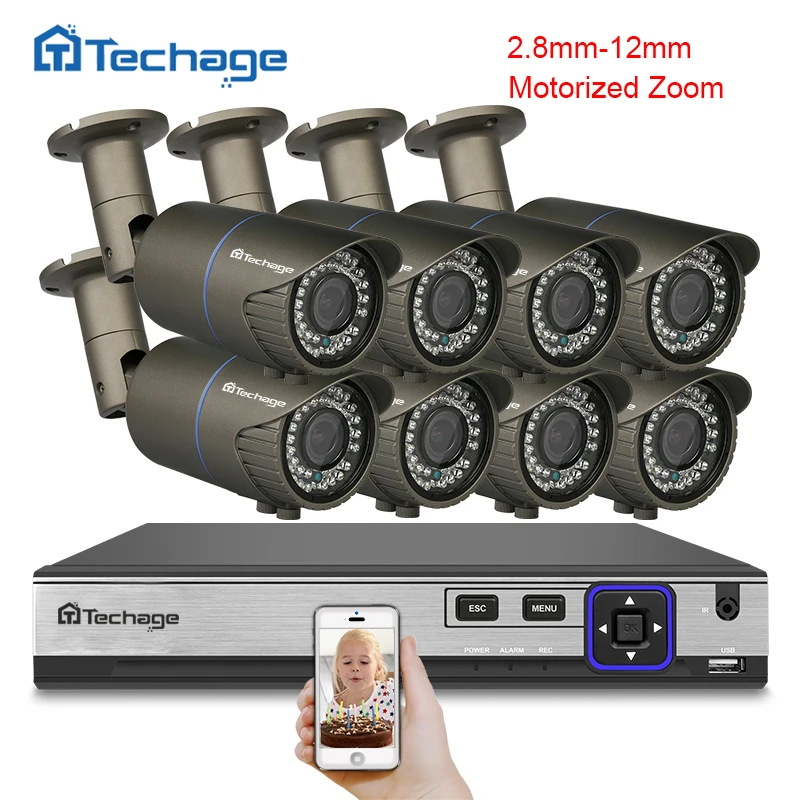 Techage H.265 8CH 4MP POE NVR Kit CCTV System 2.8mm~12mm Motorized Auto Zoom Lens IP Camera Video Security Surveillance System