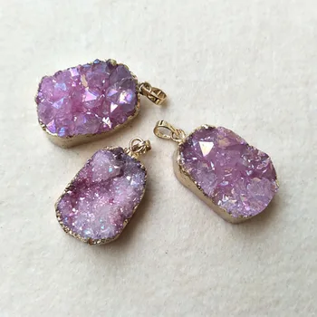 

5pcs Gold color Natural Quartz Titanium Druzy Geode Pendant Bead, crystal druse Charm Findings Jewelry necklace Making PD276