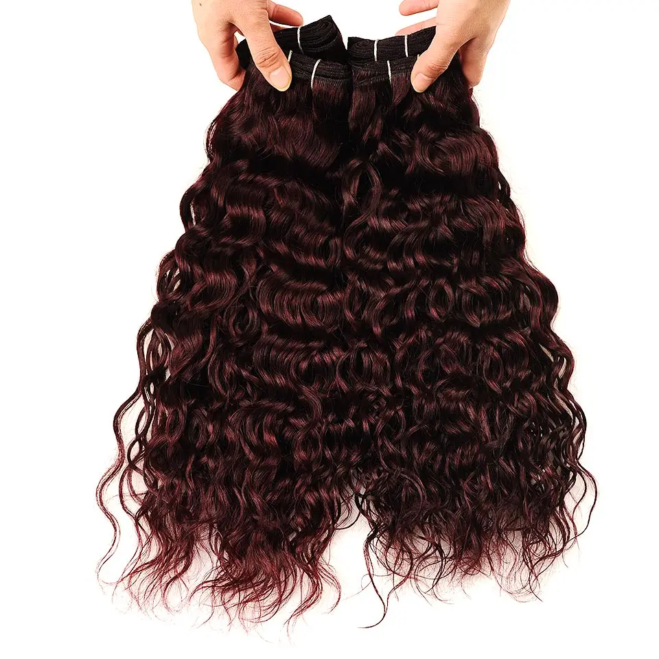 Brazilian Water Wave Hair Burgundy 4 Bundles With Closure Wet Wavy Pinshair Pre-Colored Dark Red Human Hair With Closure NonRemy (89)