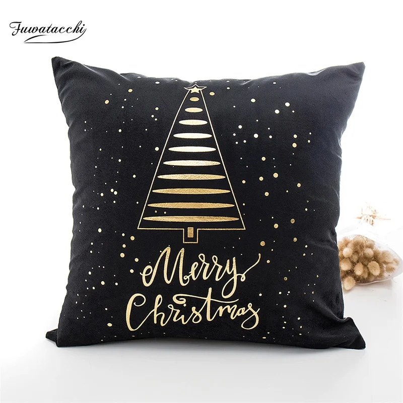 Fuwatacchi черный золотой фольгированный чехол для подушки с надписью олень Счастливого Рождества наволочка для домашнего дивана декоративные подушки для стульев 45*45