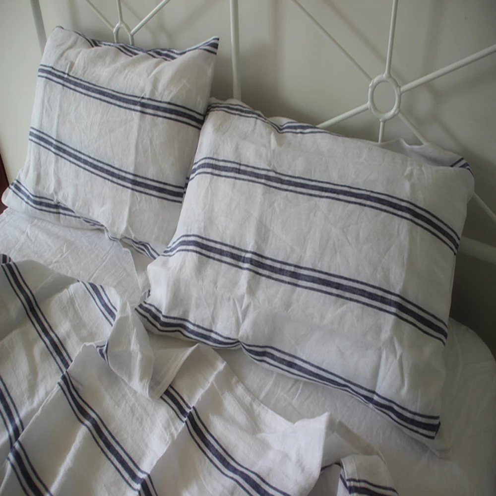 3pcs French Washed Linen Bedding Set King Striped Flax Pure Linen